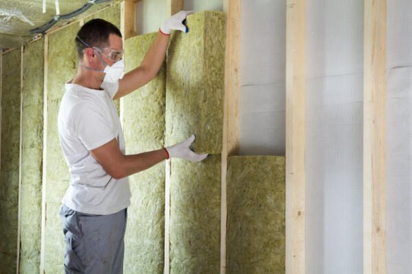 Worker in protective goggles and respirator insulating rock wool insulation in wooden frame for future house walls for cold barrier. Comfortable warm home, economy, construction and renovation concept